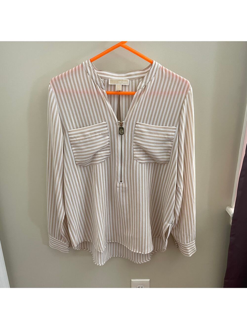 Michael Kors Women Tan & White Striped Blouse Size L